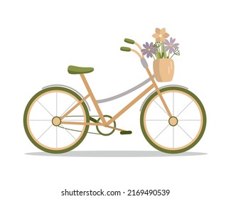 Women's bicycle with a basket of flowers. Flat style. Vector illustration 