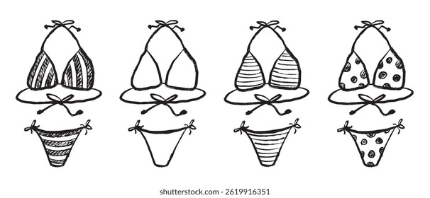 Biquíni feminino maiô com gravatas em preto escova curso textura isolado no branco. Ilustração de esboço de vetor desenhado à mão em tinta de carvão vegetal. Roupa de férias do mar, design de terno de piscina