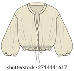 womens bishop sleeve button notch neck blouse flat sketch vector illustration technical cad drawing template
