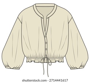 Manga de Obispo para mujer Botón Muesca Cuello Blusa Boceto plano Ilustración vectorial Técnica CAD Dibujo Plantilla
