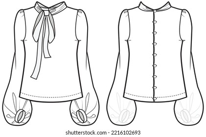 womens bishop sleeve tie neck blouse formal wear bow neck blouse flat sketch vector illustration, front and back view technical drawing template.