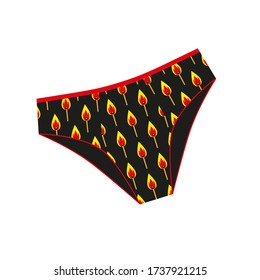 Women's black panties with a pattern of burning matches. Underwear isolated on a white background. Flat colorful vector illustration. A design element that is perfect for a store, postcard, prints.