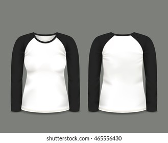 Women's black raglan sweatshirt long sleeve in front and back views. Vector template. Fully editable handmade mesh