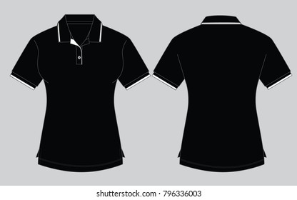 Women's black short sleeve polo shirt with white ribbed collar design on gray background. Front and back view, vector file.