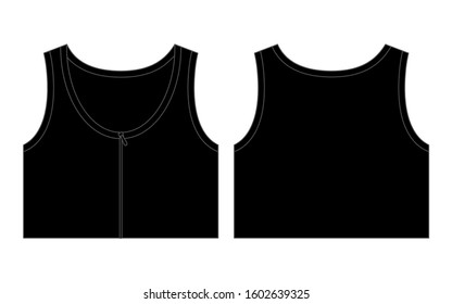 Women's Black Short Tank Top Vector For Template.Front And Back Views.