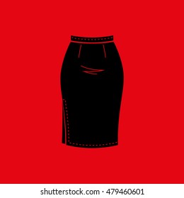 Women's black skirt with a sidecut. On a red background. Vector icon.