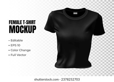 Women's black t-shirt with short sleeve and round-neck in front view. Vector template. Fully editable handmade mesh.