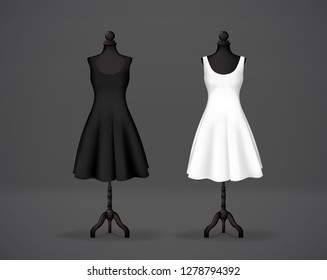 Women's black and white basic dress mockup on mannequin. Festive dress without sleeves and long pleated skirt.