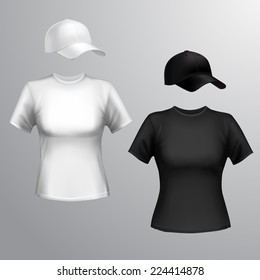 Womens black and white t-shirt and baseball cap front set isolated on grey background vector illustration