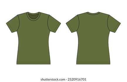 Women's Blank Army Short Sleeve T-Shirt Template on White Background. Front and Back Views, Vector File.