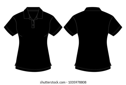 Women's blank black polo shirt template on white background. Front and back views, vector file.