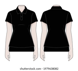 Women's Blank Black Short Sleeve Polo Shirt Template on White Background. Front and Back View, Vector File