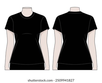 Women's Blank Black Short Sleeve T-Shirt Template on White Background. Front and Back Views, Vector File.