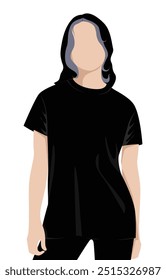 Women's Blank Black Short Sleeve T-Shirt Template on White Background, Vector File.