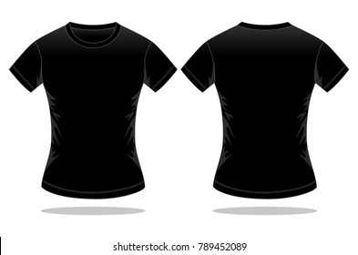 Women's Blank Black Short Sleeves T-Shirt Template on White Background. Front and Back Views, Vector File.