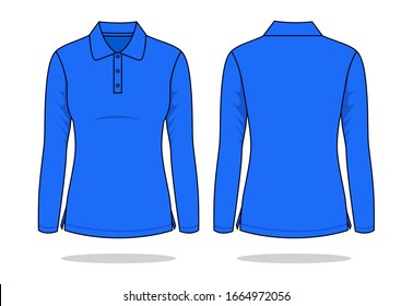 Women's Blank Blue Long Sleeve Polo Shirt For Template On White Background.Front And Back View, Vector File.