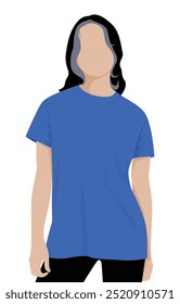 Women's Blank Blue Short Sleeve T-Shirt Template on White Background. Front and Back Views, Vector File.