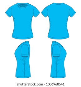 Women's Blank Blue T-Shirt Vector For Template.Front, Back And Side Views.