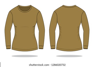 Women's Blank Brown Long Sleeve T-Shirt Template on White Background. Front and Back Views, Vector File.