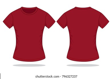 Women's Blank Crimson T-Shirt Vector For Template.Front And Back Views.
