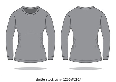 Women's Blank Gray Long Sleeve T-Shirt Template on White Background. Front and Back Views, Vector File.