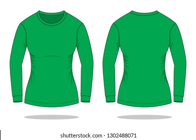 Women's Blank Green Long Sleeve T-Shirt Template on White Background. Front and Back Views, Vector File.