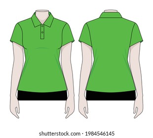 Vector de plantilla de camisas de polo verde de manga corta para mujeres sobre fondo blanco.Vista frontal y posterior.