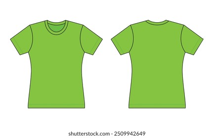 Women's Blank Green Short Sleeve T-Shirt Template on White Background. Front and Back Views, Vector File.