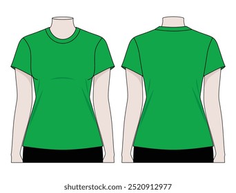 Women's Blank Green Short Sleeve T-Shirt Template on White Background. Front and Back Views, Vector File.