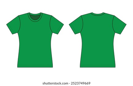 Women's Blank Green Short Sleeve T-Shirt Template on White Background. Front and Back Views, Vector File.