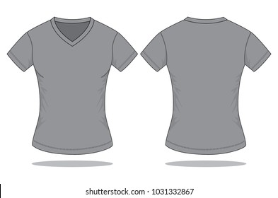 Women's Blank Grey V-Neck Shirt Vector For Template.Front And Back Views.