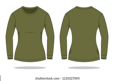 Women's Blank Military Long Sleeve T-Shirt Template on White Background. Front and Back Views, Vector File.