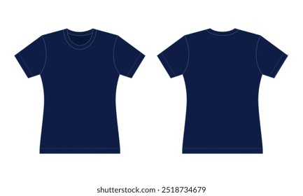 Damen Leere Marine Blau Kurzarm T-Shirt-Vorlage auf weißem Hintergrund. Vorder- und Rückseite, Vektordatei.