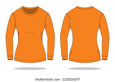 Women's Blank Orange Long Sleeve T-Shirt Template on White Background. Front and Back Views, Vector File.