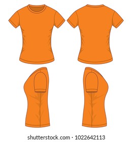 Women's Blank Orange T-shirt Vector For Template.Front, Back And Side Views.
