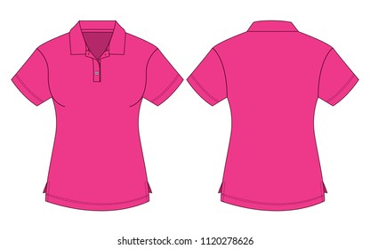 Women's Blank Pink Short Sleeve Polo Shirt For Template On White Background.Front And Back View, Vector File.