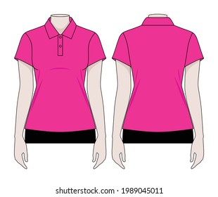 Women's Blank Pink Short Sleeve Polo Shirt Template On White Background.Front and Back View, Vector File.