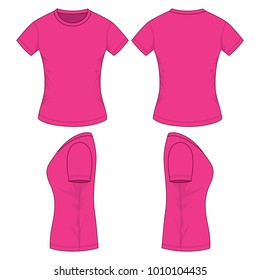 Women's Blank Pink T-Shirt Vector For Template.Front, Back And Side Views.