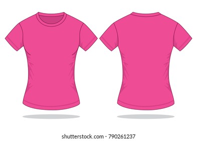 Women's Blank Pink T-Shirt Vector For Template.Front And Back Views.