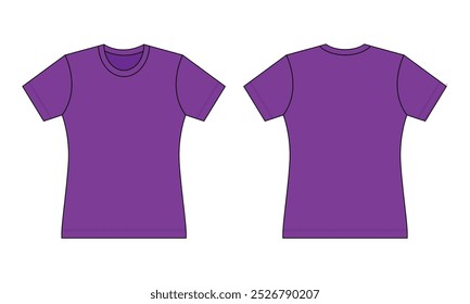 Women's Blank Purple Short Sleeve T-Shirt Template on White Background. Front and Back Views, Vector File.