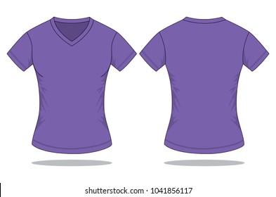 Women's Blank Purple V-Neck T-Shirt Vector For Template.Front And Back Views.