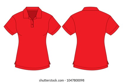 Women's blank red short sleeve polo shirt template on white background. Front and back view, vector file.