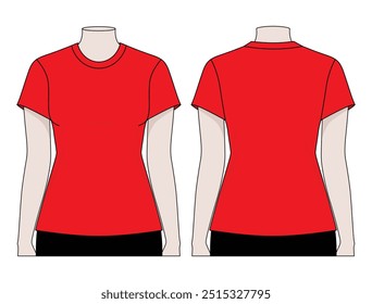 Women's Blank Red Short Sleeve T-Shirt Template on White Background. Front and Back Views, Vector File.