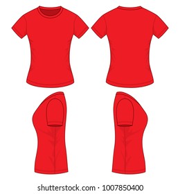 Women's Blank Red T-Shirt Vector For Template.Front, Back And Side Views.