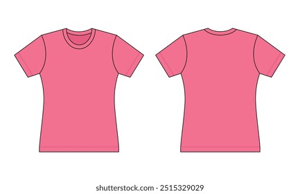 Women's Blank Rose Short Sleeve T-Shirt Template on White Background. Front and Back Views, Vector File.