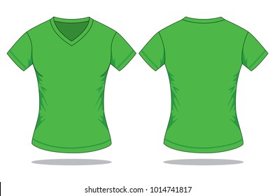 Women's Blank Short Sleeve Green V-Neck T-Shirt Template on White Background. Front and Back Views, Vector File.