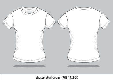 Women's Blank Short Sleeve White T-Shirt Template on Gray Background. Front and Back Views, Vector File.