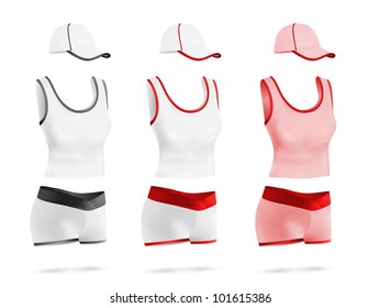 Women's blank sport t-shirt, shorts and hat template set.