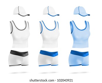 Women's blank sport t-shirt, shorts and hat template set.