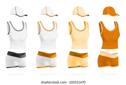 Women's blank sport t-shirt, shorts and hat template set.